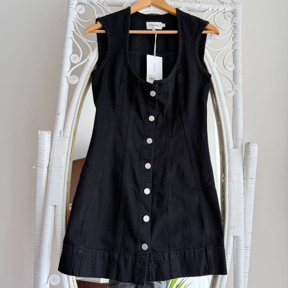 FRAME Denim Mini Dress 2 Black Seamed Button Front Boho Western Minimalist Chic